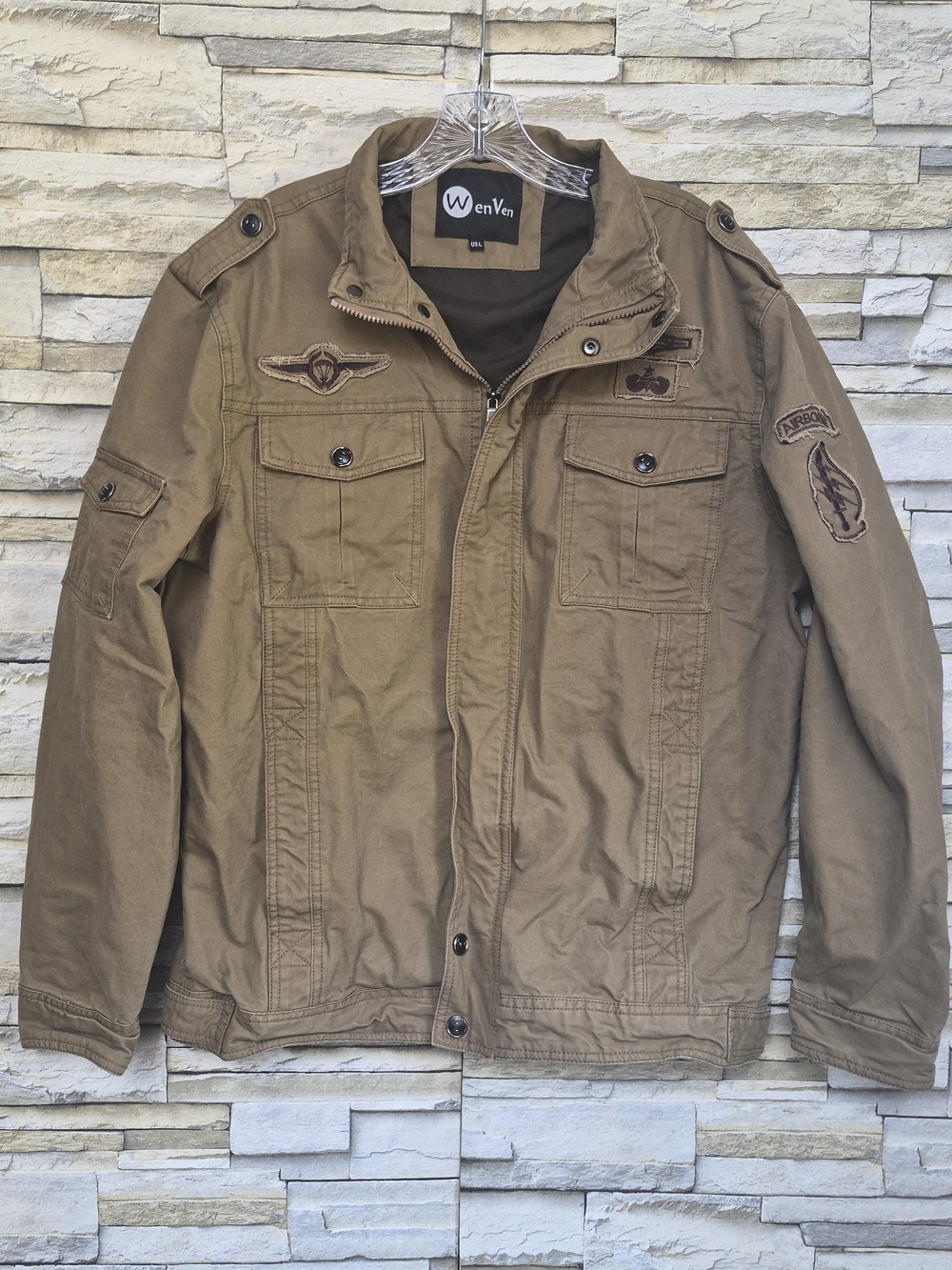 ​WenVen Men's Utility Field Jacket Large Khaki Zip Cotton Tactical Patches Cargo